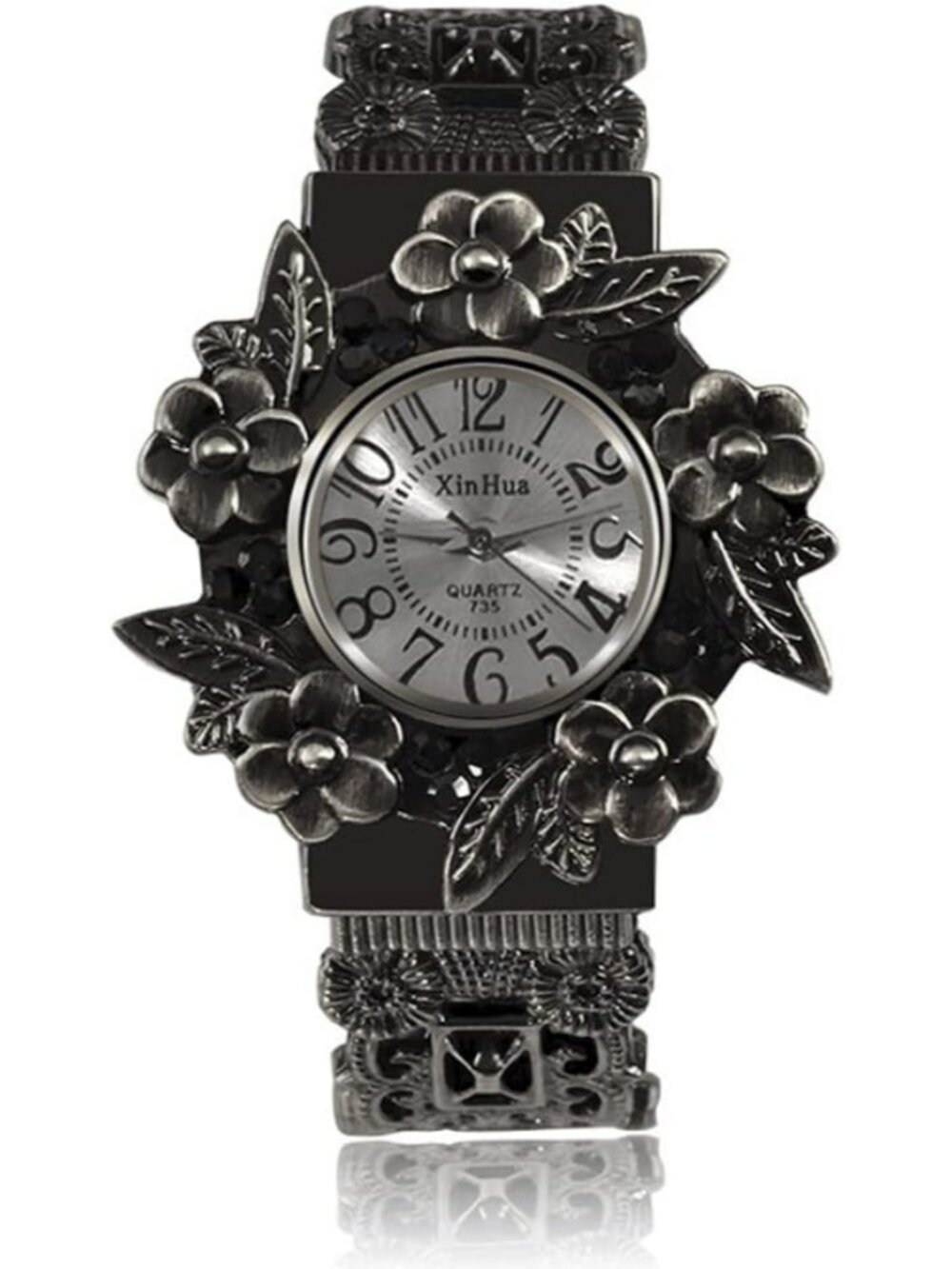Women's Black Vintage Cuff Bangle Carved Flowers Analog Quartz Wrist Watch